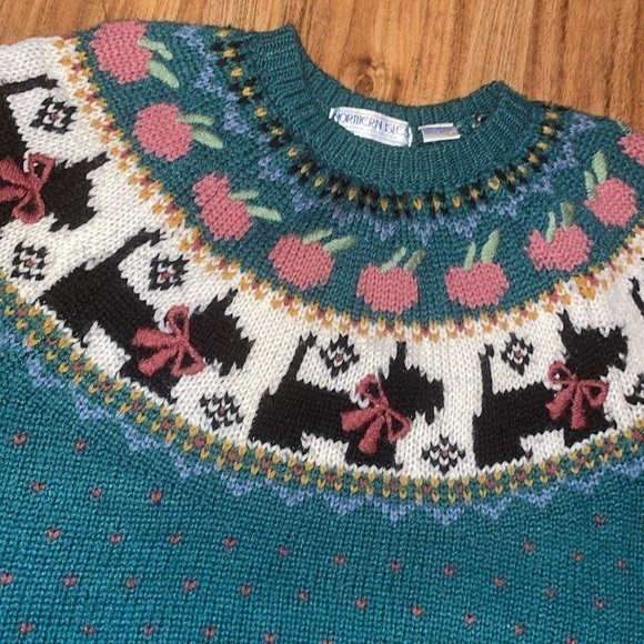 Northern Isles women’s sweater Medium knit hearts dog unique Vintage teal pink - Picture 2 of 6